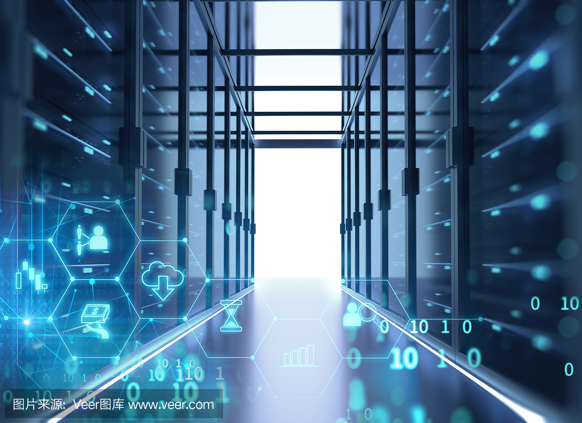 數(shù)據(jù)中心有服務(wù)器機(jī)架的服務(wù)器室走廊。三維演示