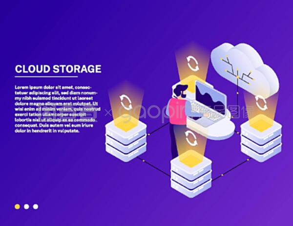 數據中心在線云服務等距組合與分析訪問數據存儲的動態紫色背景矢量圖